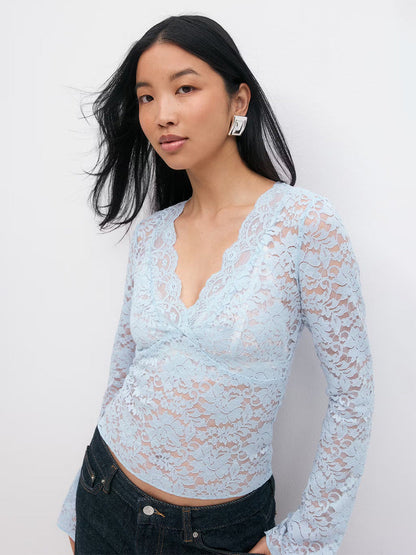 Lace V-Neck Hollow-Out Long Sleeve Bottoming Shirt