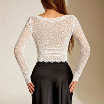 Lace Mesh See-Through Slim Long Sleeve Top