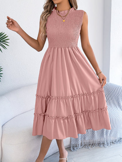 Smocked Waist-Tight Wooden Ear Large Swing Sleeveless Dress