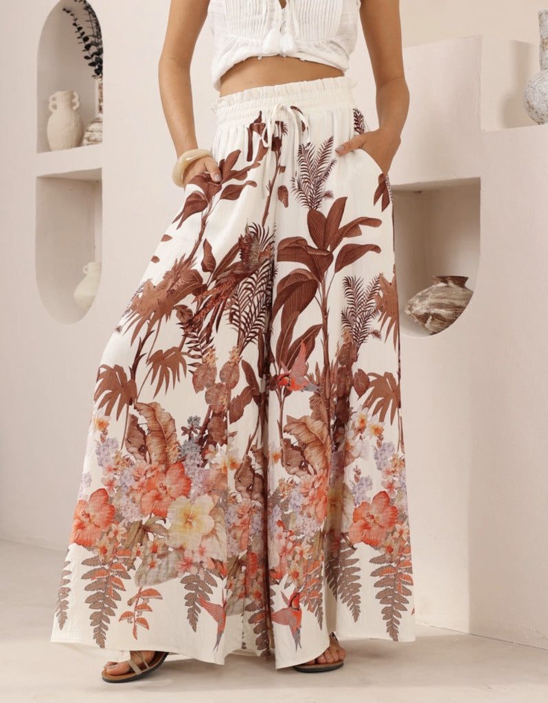Leaf Print Casual Loose Wide Leg Pants