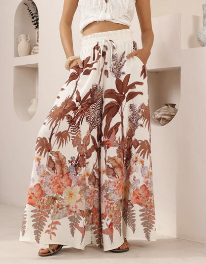 Leaf Print Casual Loose Wide Leg Pants