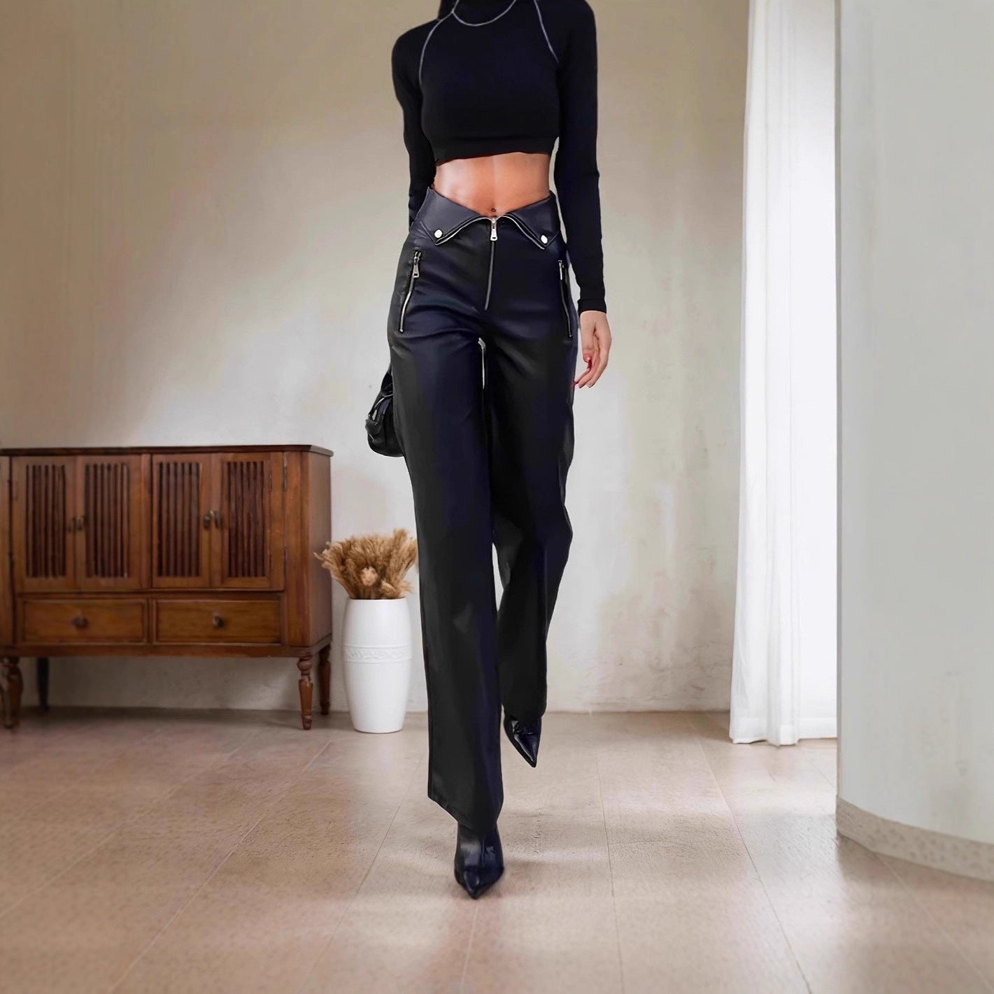 Faux Leather High Waist Metal Zipper Straight Pants