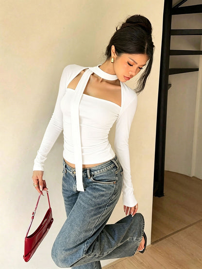 Square Collar Halter Tied Long Sleeve Slim Bottoming Shirt