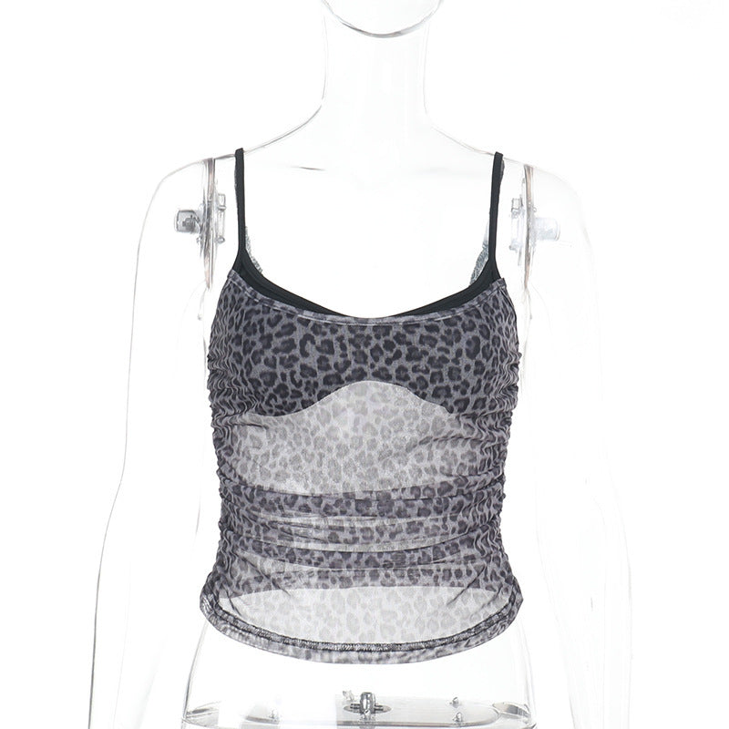 Mesh Leopard Print Faux Two-Piece Spaghetti Strap Cami