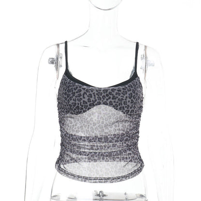 Mesh Leopard Print Faux Two-Piece Spaghetti Strap Cami