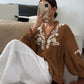 Pearl Button Embroidered Lantern Sleeve V-Neck Top