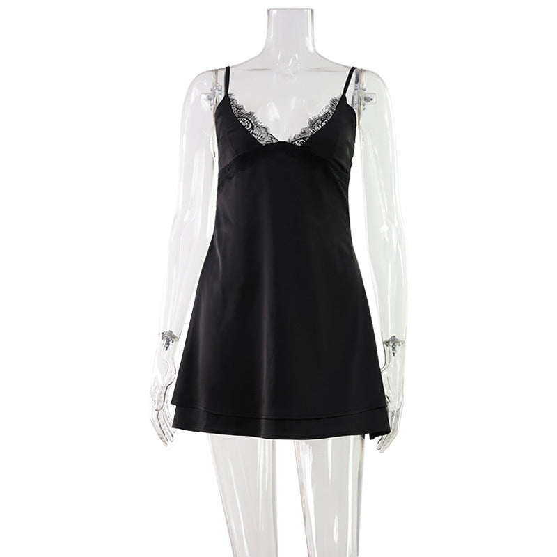 Satin Lace V-Neck Cami Mini Dress