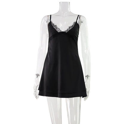 Satin Lace V-Neck Cami Mini Dress
