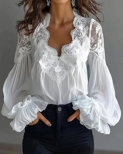 Lace Puff Sleeve Pleated Blouse