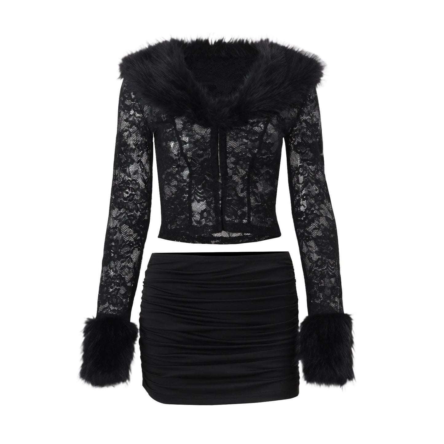 Lace Plush Long Sleeve Top & Sexy Skirt Set