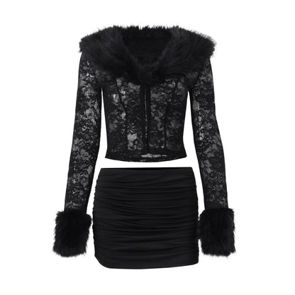 Lace Plush Long Sleeve Top & Sexy Skirt Set