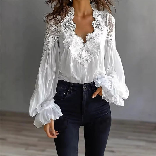 Lace Puff Sleeve Pleated Blouse