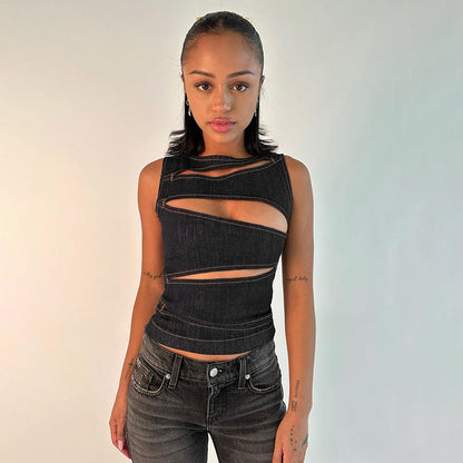 Cutout Zipper Denim-Look Crop Vest Top