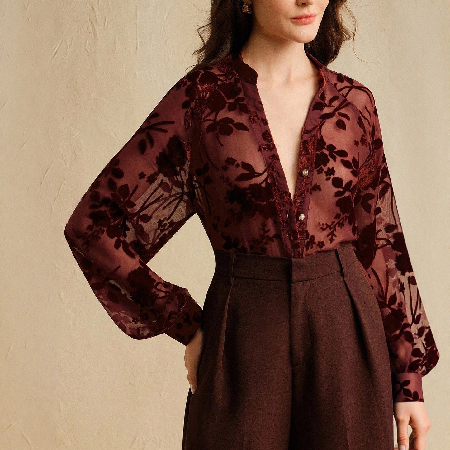 Tencel Flocking Elegant Long Sleeve Shirt