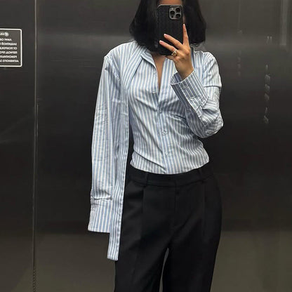 Striped Lace-Up Waist-Controlled Long Sleeve Cardigan Shirt