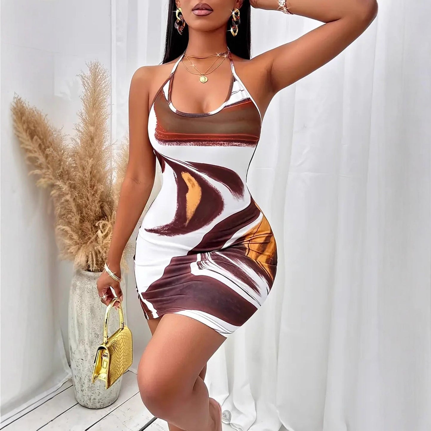 Printed Backless Lace-Up Skinny Cami Dress