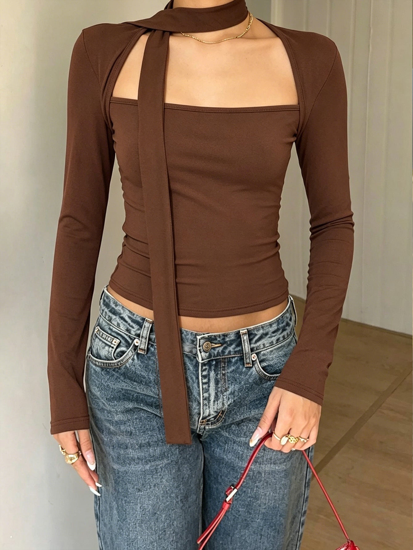 Square Collar Halter Tied Long Sleeve Slim Bottoming Shirt