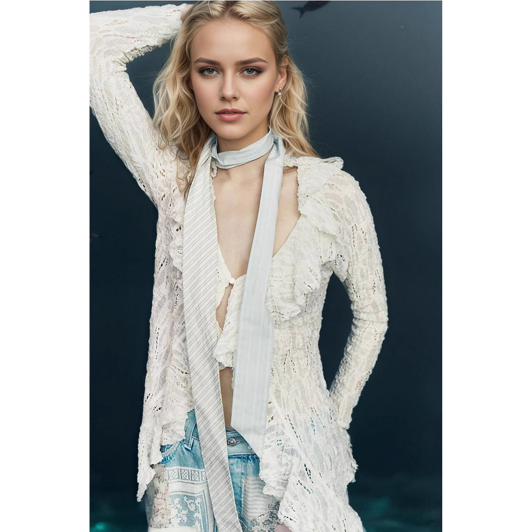 Lace V-Neck Ruffle Cardigan Short Knit Top