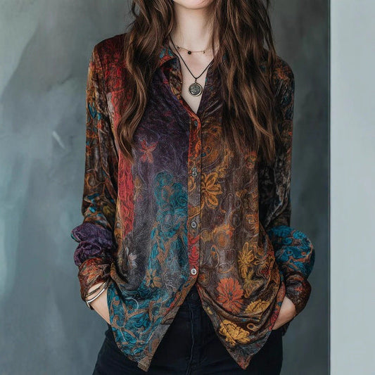 Vintage Floral Print Long Sleeve Button Shirt