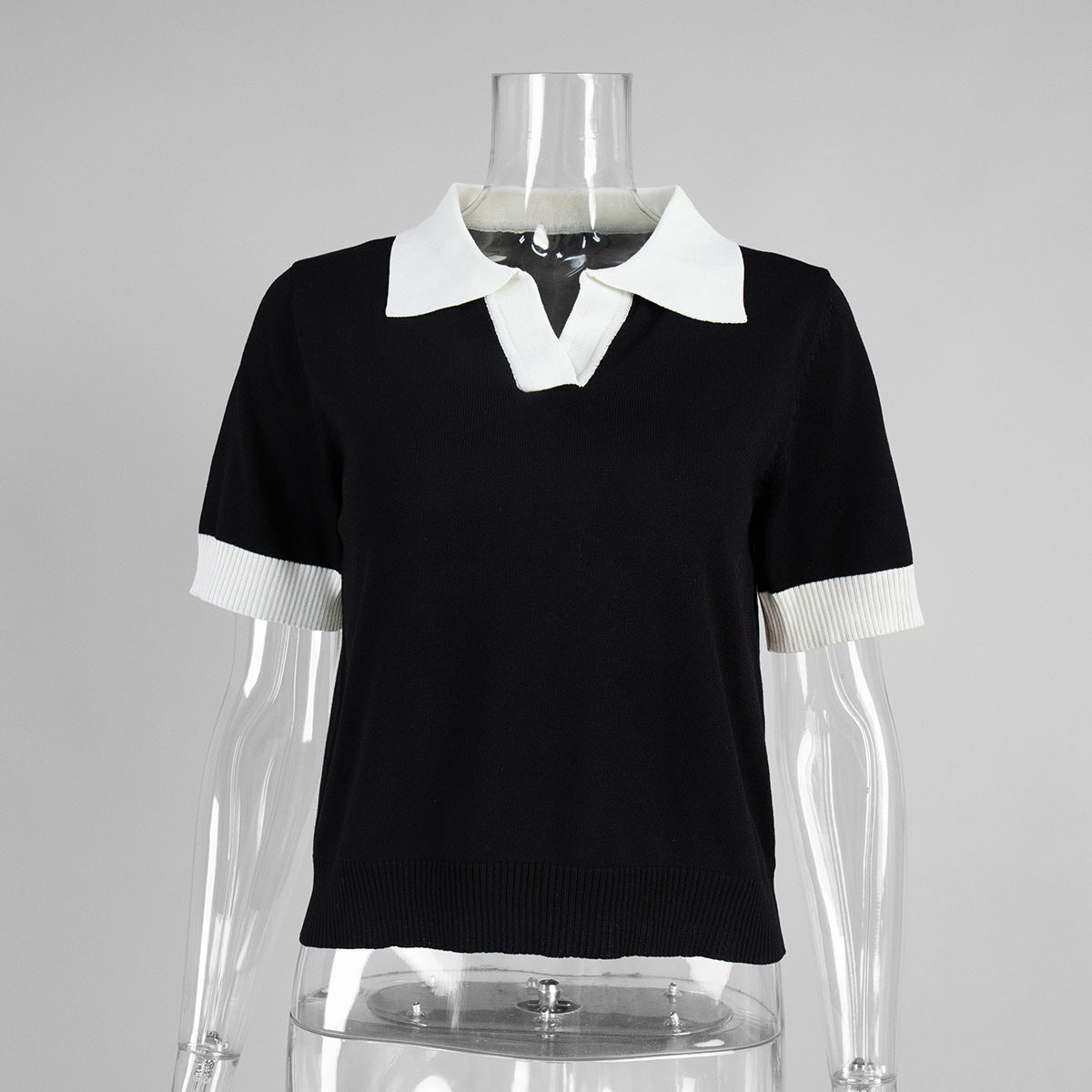 Polo Collar Contrast Color Slim Knit Short Sleeve Top