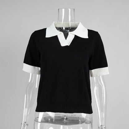 Polo Collar Contrast Color Slim Knit Short Sleeve Top