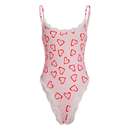 Heart Print Lace Backless Sling Crop Jumpsuit Top