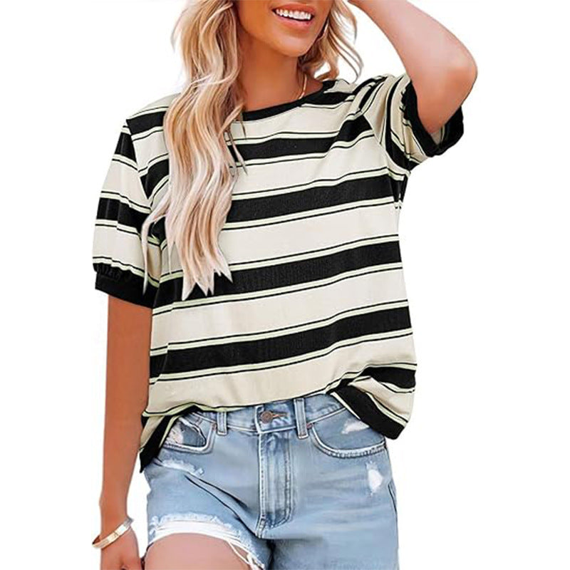 Color Contrast Striped Loose Round Neck Short Sleeve Tee