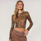 Leopard Floral Mesh Round Neck Long Sleeve T-Shirt