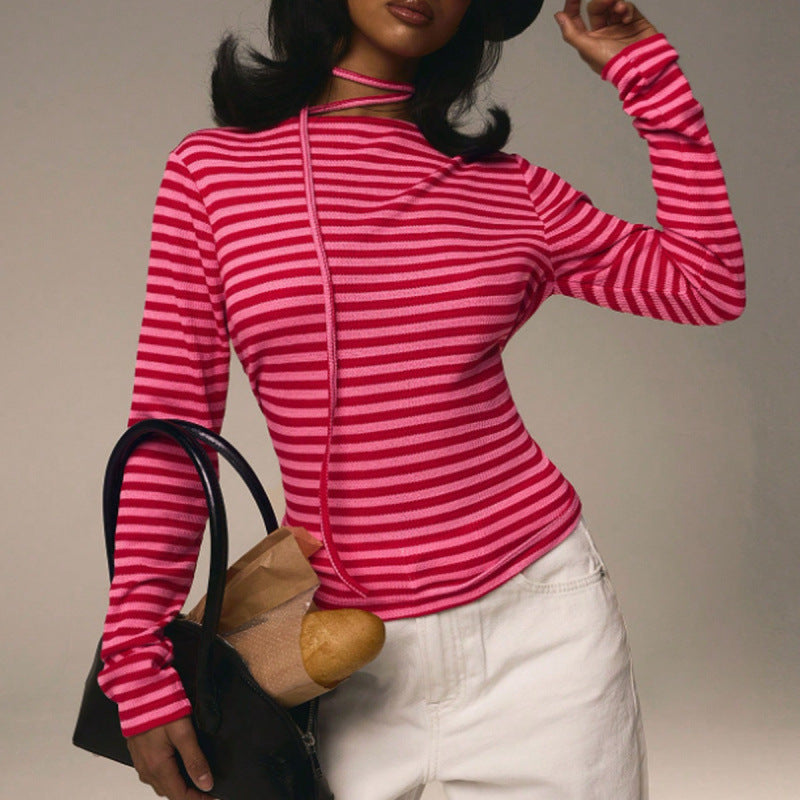 Striped Slim Stretch Scarf Crew Neck Long Sleeve Top