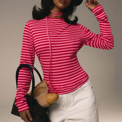 Striped Slim Stretch Scarf Crew Neck Long Sleeve Top