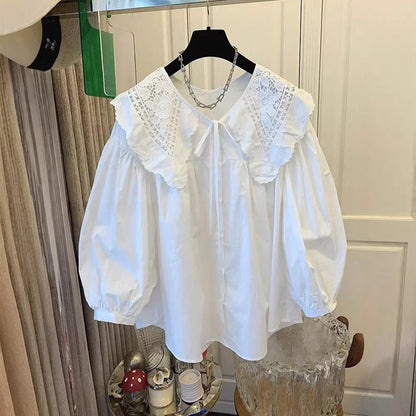 Peter Pan Collar Embroidered Tie Sweet Loose Blouse