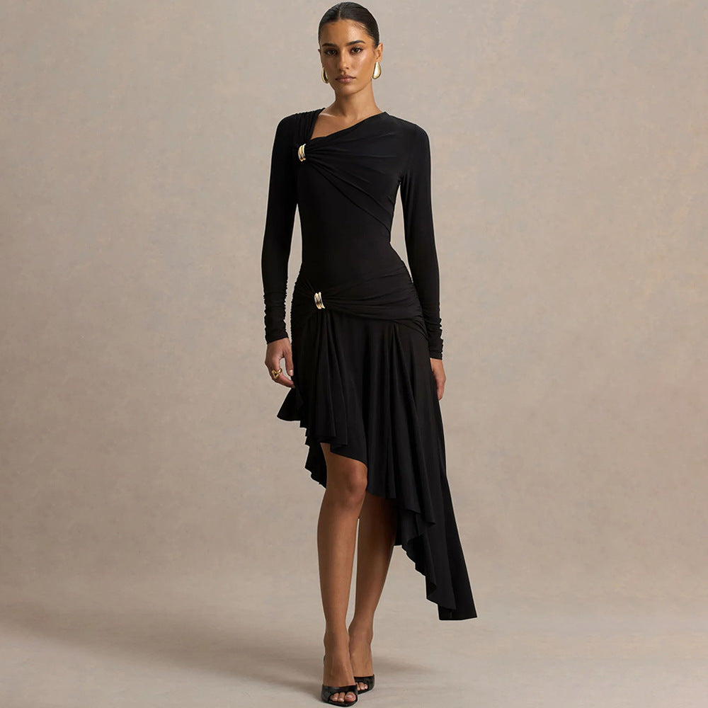 Slim Pleated Asymmetric Irregular Maxi Dress