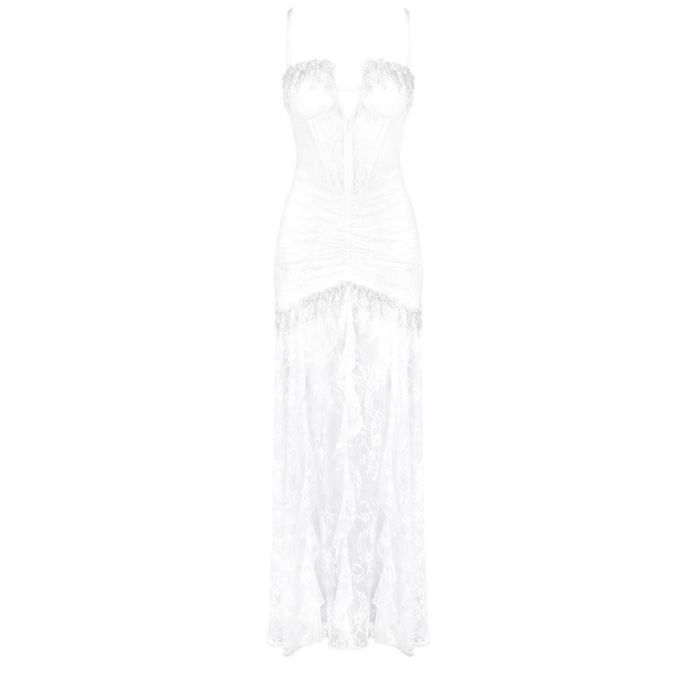 Off-Shoulder Lace Slim White Wedding Maxi Dress