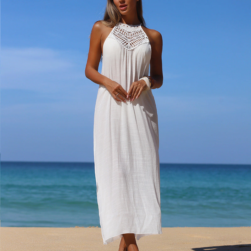 Crochet Suspender Side-Split Sun Protection Maxi Dress
