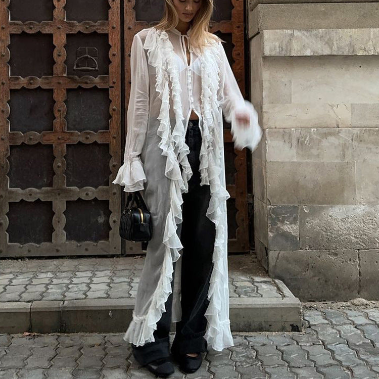 Sheer Ruffle Long Sleeve Single-Breasted Chiffon Dress