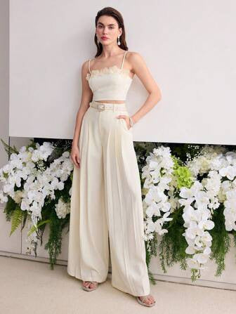 High Waist Wide Leg White Two-Piece Set