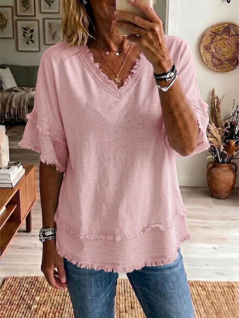 V-Neck Loose Short Sleeve Casual Pullover Top