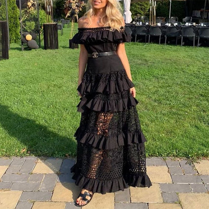 Off-Shoulder Ruffle Hollow-Out Lace Maxi Dress