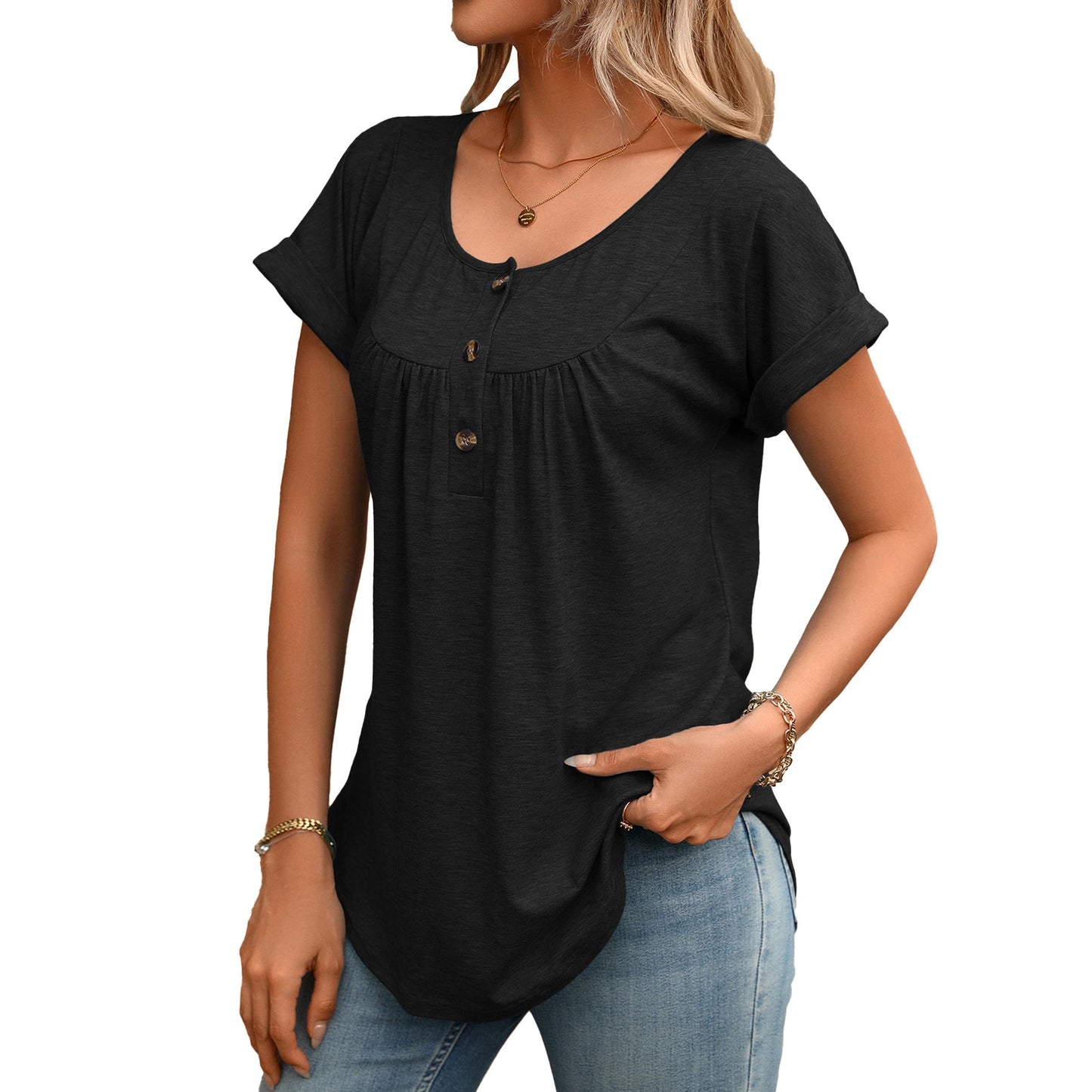 Solid Round Neck Button Loose Short Sleeve Tee