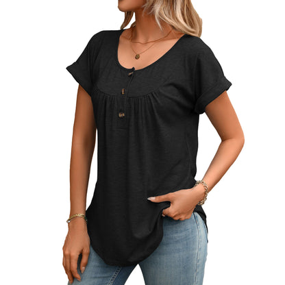 Solid Round Neck Button Loose Short Sleeve Tee