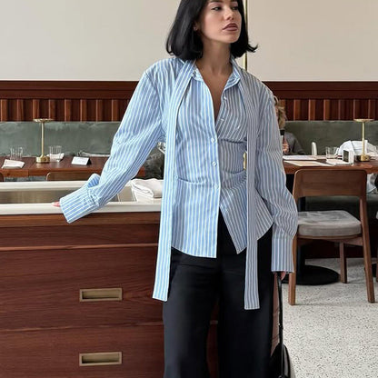 Striped Lace-Up Waist-Controlled Long Sleeve Cardigan Shirt