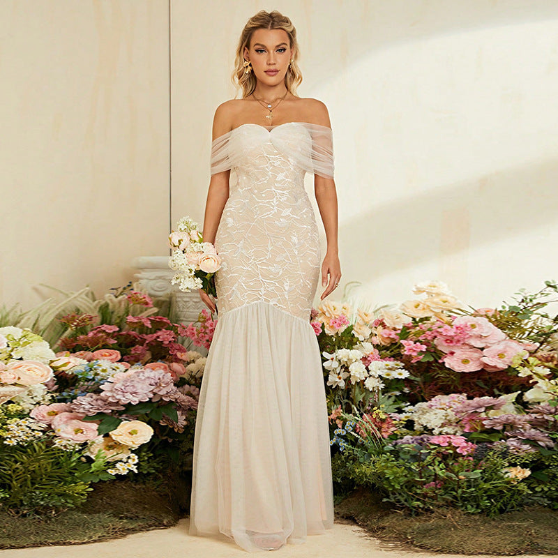 French Lace Fishtail Off-Shoulder Wedding Maxi Dress