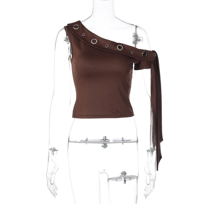 Grommet One-Shoulder Ribbon Solid Casual Top