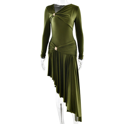 Slim Pleated Asymmetric Irregular Maxi Dress