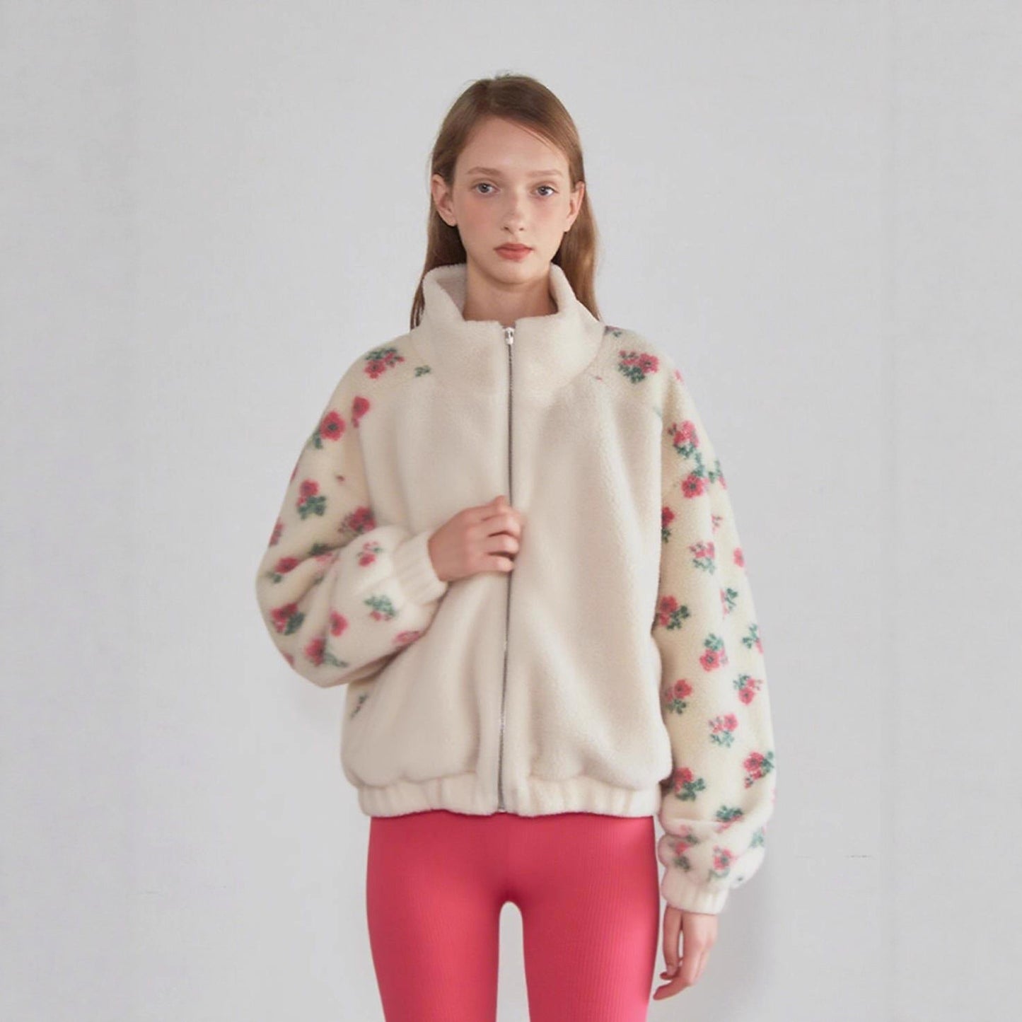 Floral Stitching Polar Fleece Lamb Wool Zip Coat