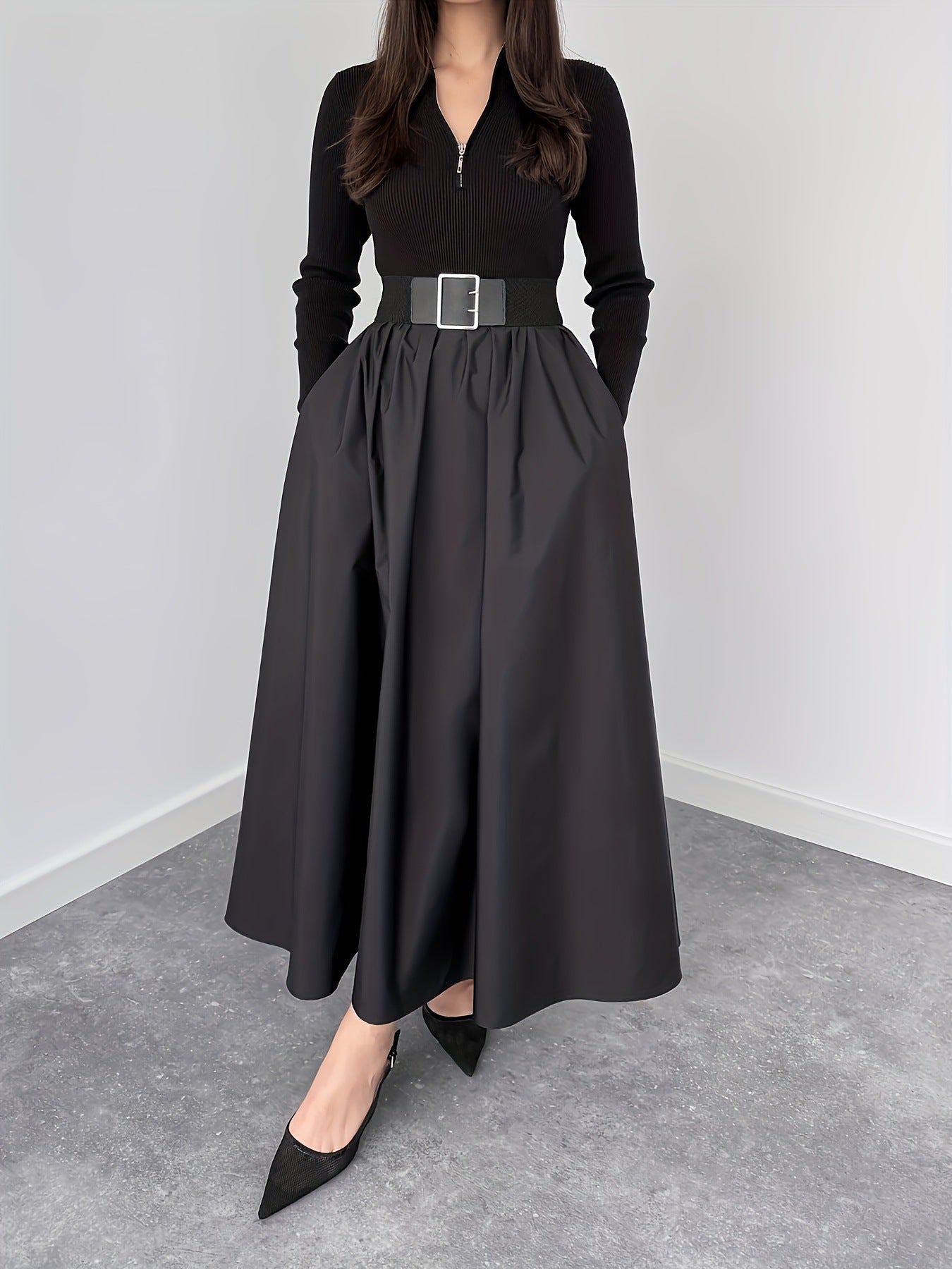 Hepburn French V-Neck Long Sleeve Black Mini Dress