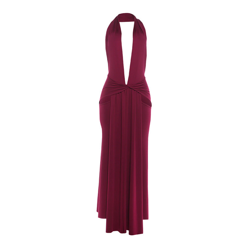 Halter Deep V Backless Split Solid Color Maxi Dress