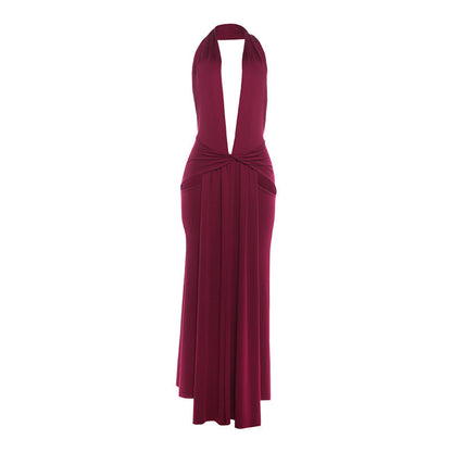 Halter Deep V Backless Split Solid Color Maxi Dress