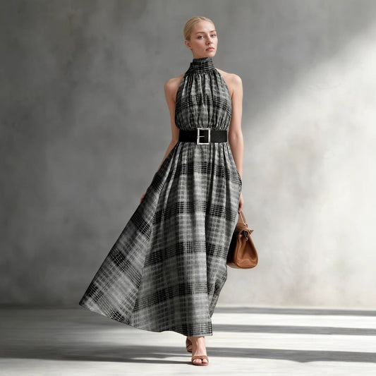 Plaid Halter High Waist A-Line Dress