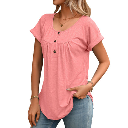 Solid Round Neck Button Loose Short Sleeve Tee